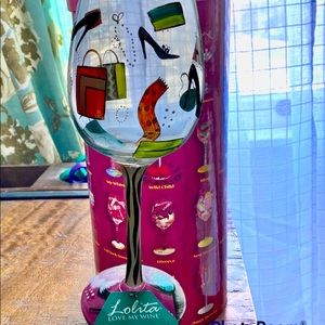 Lolita “Shopaholic Too” hand painted wine glass NWT.